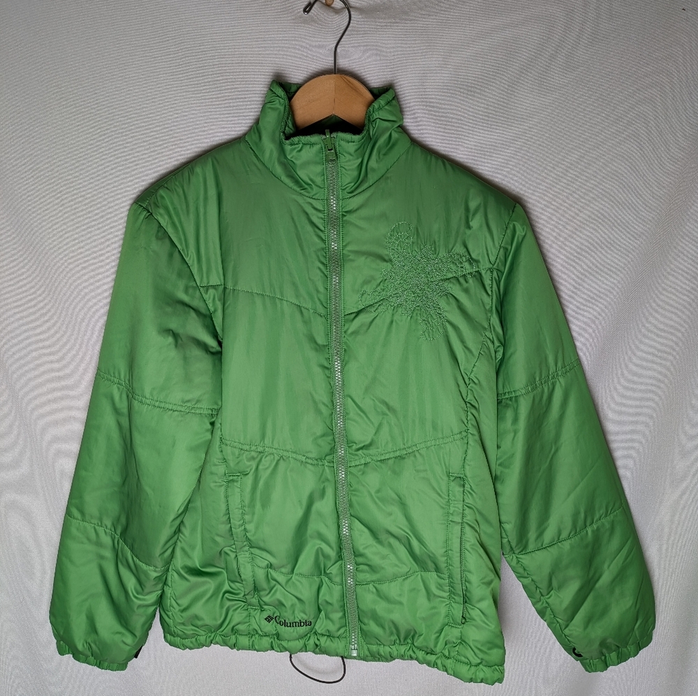 Columbia Vibrant Green Puff Quilted‎ Jacket Size Small Embroidery